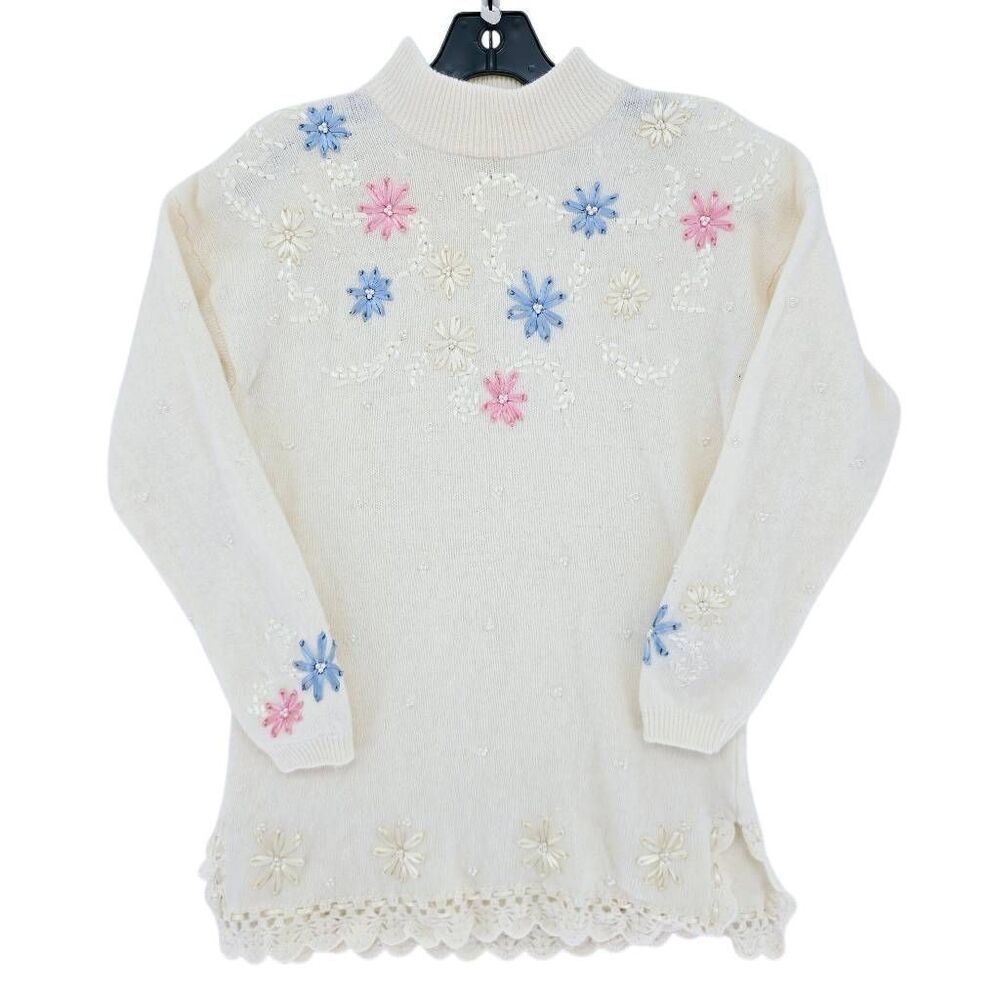 Vintage Grandmacore Hand Embroidered Wool Tunic Turtleneck Sweater White S